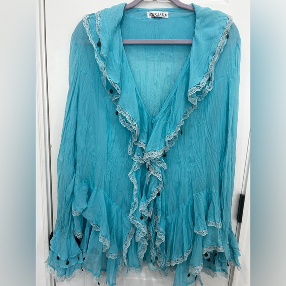 Y2K Expose French Ruffled Lace Blouse Blue Large U.S.A Gypsie Fairycore Witc… - Picture 1 of 3